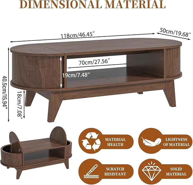 46.45'' Oval Coffee Tables for Living Room, Mid Century Modern Coffee Table with Storage, Wood Fluted Accent Center Table with Flip-Top Lids for Home,Office(Walnut)