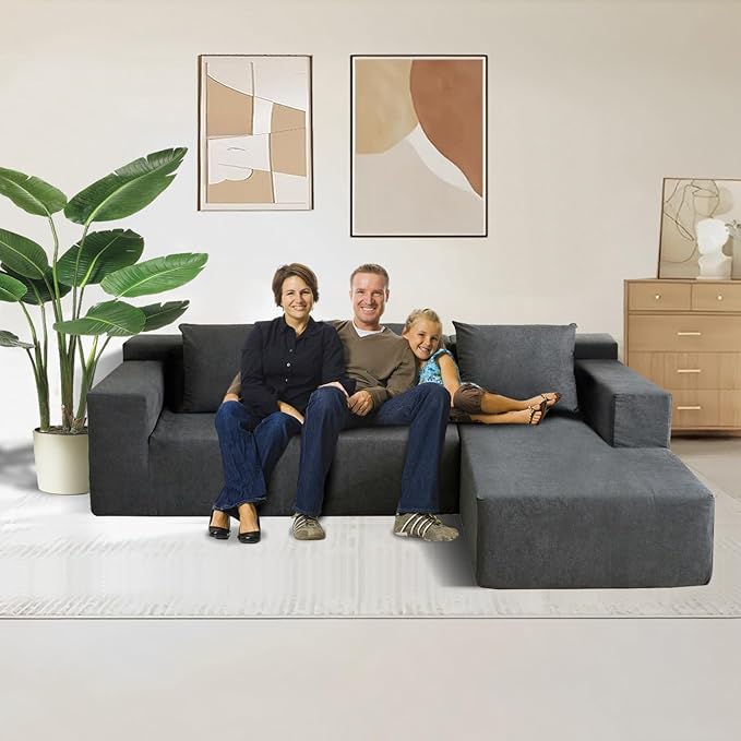103" Boneless Sectional Couch with Right Chaise, Modular L Shaped Couches for Living Room, Large Gray Minimalist Modern Deep Seat Floor Sofa, No Assembly
