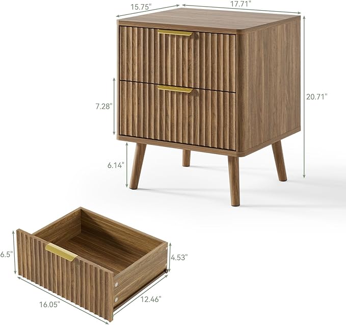 LYNSOM Fluted Dresser and Nightstand Set, 3 Pieces Bedroom Set, 55 Inch Wide 7-Drawer Dresser & 2-Drawer Nightstands Set of 2, Walnut Dressers Set for Bedroom, Hallway