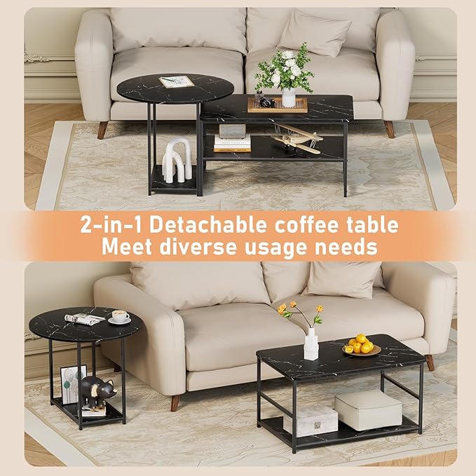 WOHOMO Coffee Table, Black Modern Coffee Tables for Living Room 2 in 1 Detachable Small Center Table Set with Storage, Black Marble