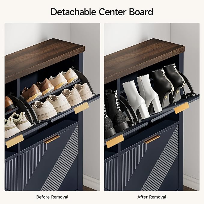 ONBRILL Shoe Cabinet with 4 Flip Drawers, 16-24 Pairs Shoe Organizer with Symmetric Groove Pattern, Freestanding Slim Hidden Shoe Storage Cabinet for Entryway, Hallway (Navy Blue) - Image 6