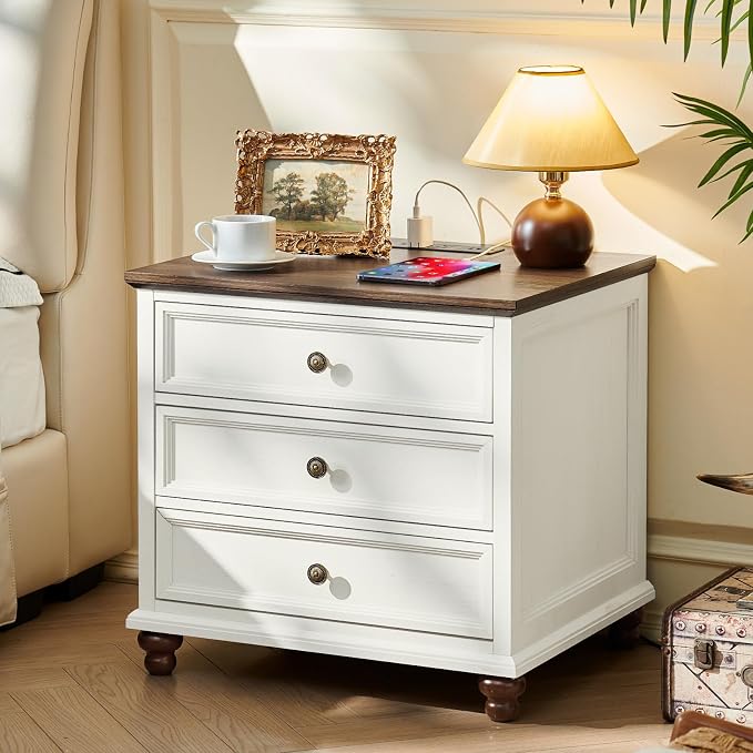 Joaxswe Farmhouse Nightstand with Charging Station, 24" Wide End Table with 3 Drawers,White Wood Dresser for Bedroom, Bed Side Table Chest of Drawers Cabinet,Night Stand for Living Room, Closet by Joaxswe