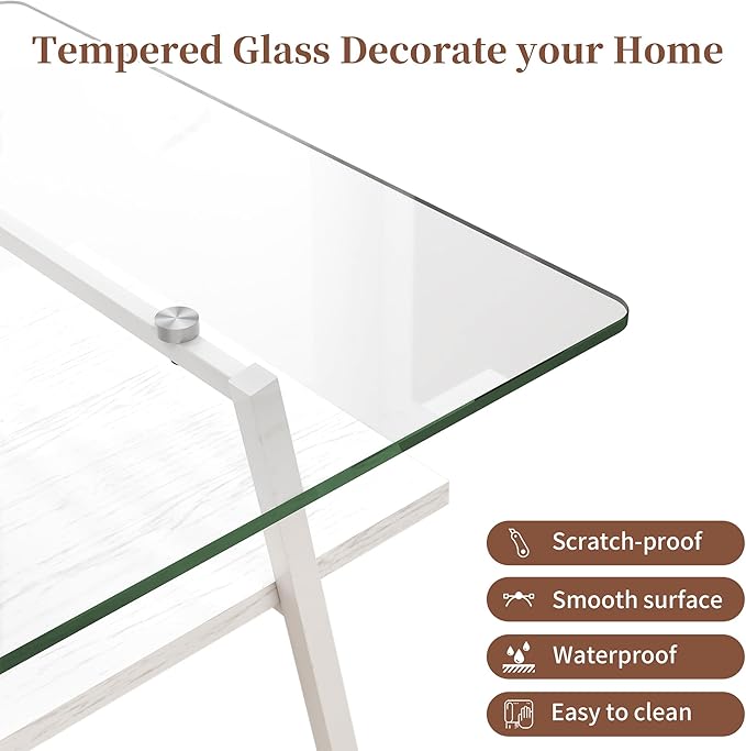IANIYA Glass Coffee Table for Living Room Small Gold Mid Century Coffee Table for Living Room with Wood Shelves (White Frame, Transparent Glass + White Wood)