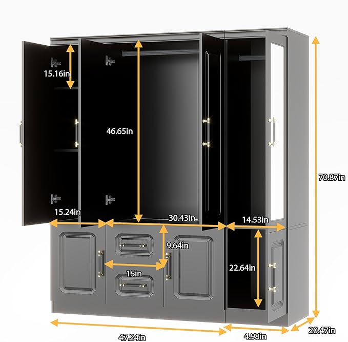 Modern 4-Door Black Armoire Wardrobe Closet with Mirror, 2 Hanging Rods, 2 Drawers, Bedroom Wardrobe