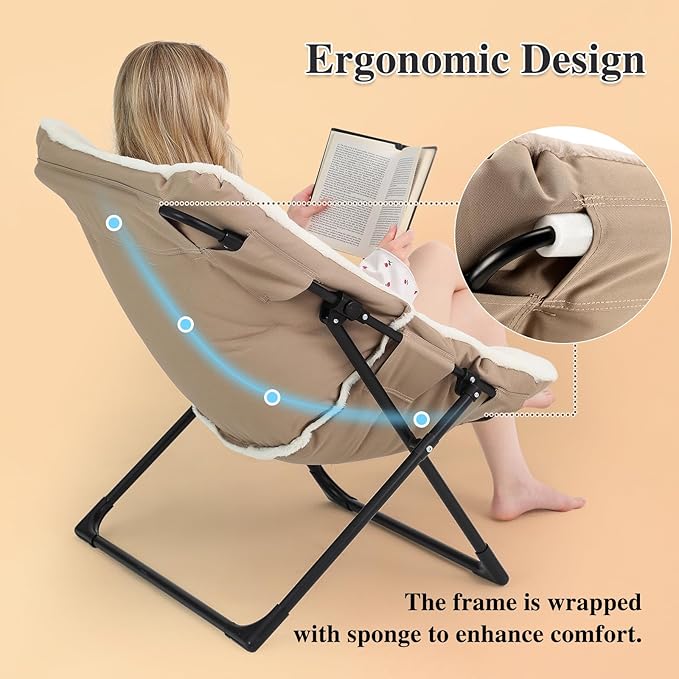 Comfy Saucer Chair for Adults, Soft Faux Fur Bedroom Chair, Accent Dorm Chairs, Flexible Living Room Reading Chairs, Oversized Folding Seat for Teens, X-Large, Beige