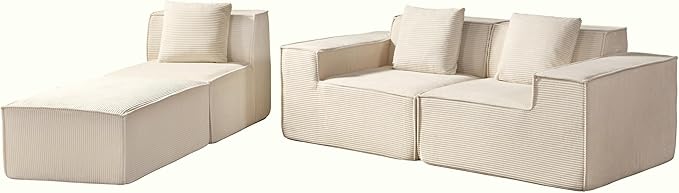 Rowan Convertible Corduroy Sectional Couch with Ottoman & Pillows, Modular L Shaped Sleeper Sofa, Boneless Cloud Couch for Living Room Furniture, Beige