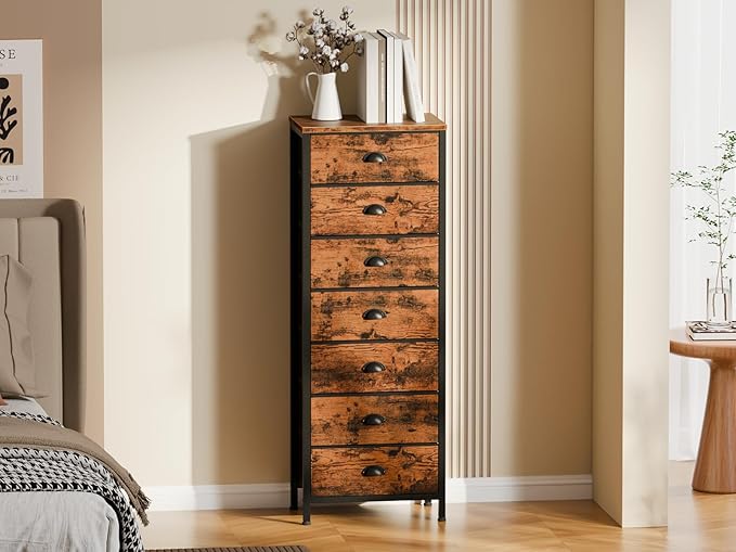 Furnulem Bedroom Dresser with 7 Drawers,Tall Industrial Fabric Chest of Drawers, Vertical Storage Tower Bedside Furniture in Living Room,Closet,Entryway-Sturdy Steel Frame(Rustic Brown) - Image 7