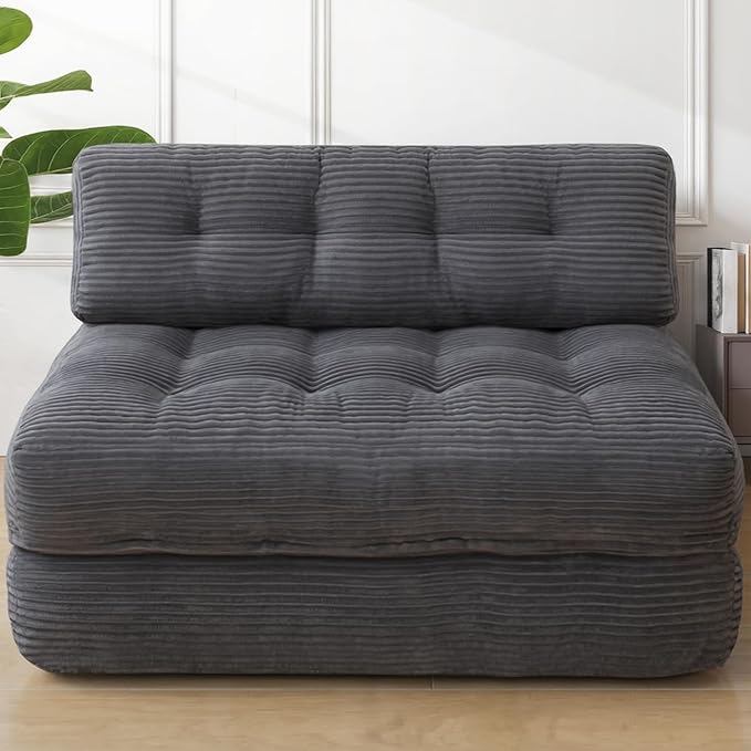 Folding Sofa Bed, Convertible Sleeper Chair with Pillow & Handle, Foldable Mattress Futon Chair Bed Lounge with Back Support, Comfy Floor Sofa for Living Room Bedroom, Grey, Full