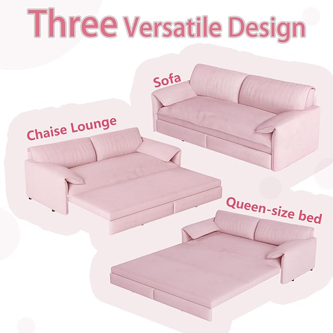 66" Queen Size Pull Out Sofa Bed, 3-in-1 Convertible Sleeper with Side Storage and Wheels, Velvet Loveseat for Living Room, Apartment, Bedroom, Pink (Mattress & Bedding Not Included)