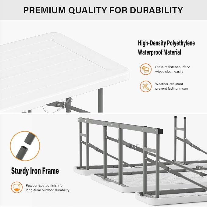VINGLI Folding Picnic Table and Bench Set with Umbrella, Portable Outdoor Dining Furniture for Camping, Patio, Backyard, Wood Grain Plastic Top with Metal Frame - Image 2