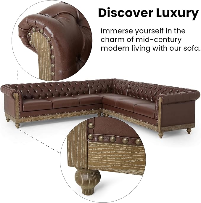 Merax PU Chesterfield Sofa, Retro Upholstered 6 Seater Leather Rolled Arm Couch for Living Room Bedroom, Dark Brown
