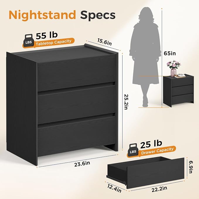 Nightstand Set of 2 with 3 Drawers, Modern with Spacious Storage Cabinet, Night Stand for Bedroom, 23.6" W x 15.6" D x 25.2" H,Black - Image 2