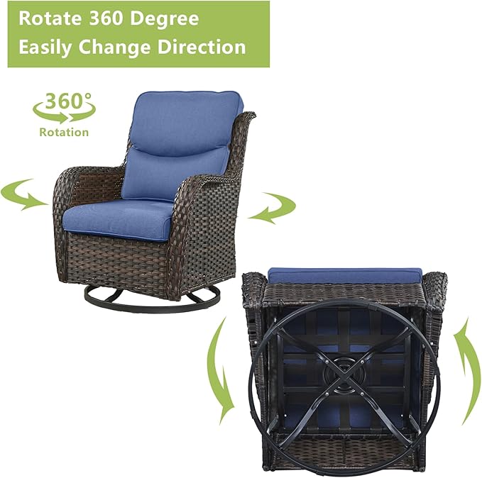 Rilyson Wicker Rocking Chair Swivel Chairs - 3 Piece Rocker Patio Furniture Set Rattan Rocking Bistro Sets with Glass Top Side Table for Outdoor Porch Deck Garden Backyard (Brown/Blue/Smile)