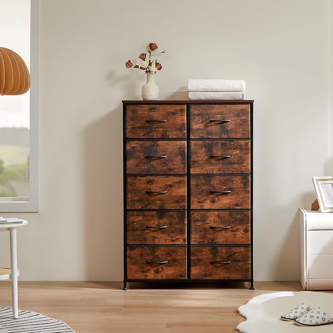 DUMOS Dresser for Bedroom, 10 Storage Drawers, Wide Fabric Closet Chests Organizer Tower Furniture with Wooden Top Metal Frame for Clothes, Guest Room, Living Room, Hallway, Entryway - Image 2