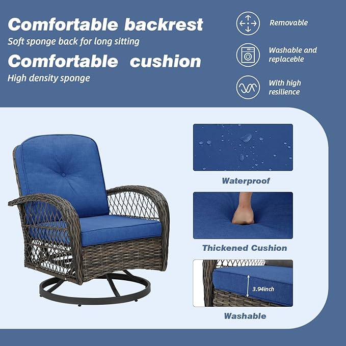 EROMMY 3 Pieces Outdoor Swivel Rocker Patio Chairs, 360 Degree Rocking Patio Conversation Set with Thickened Cushions and Glass Coffee Table for Backyard, Navy Blue