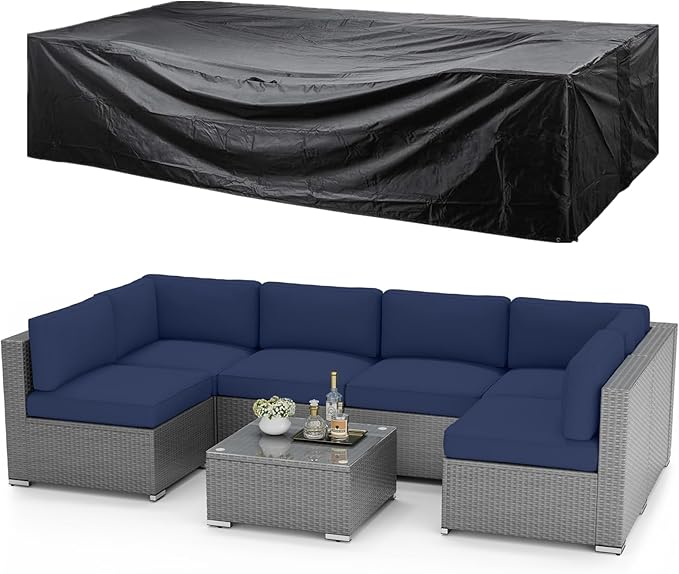 SUNCROWN Outdoor Patio Furniture Set 7 Piece Outdoor Sectional Sofa Grey Wicker Conversation Sofa Set with Coffee Table, Cushions and A Waterproof Cover -Dark Blue
