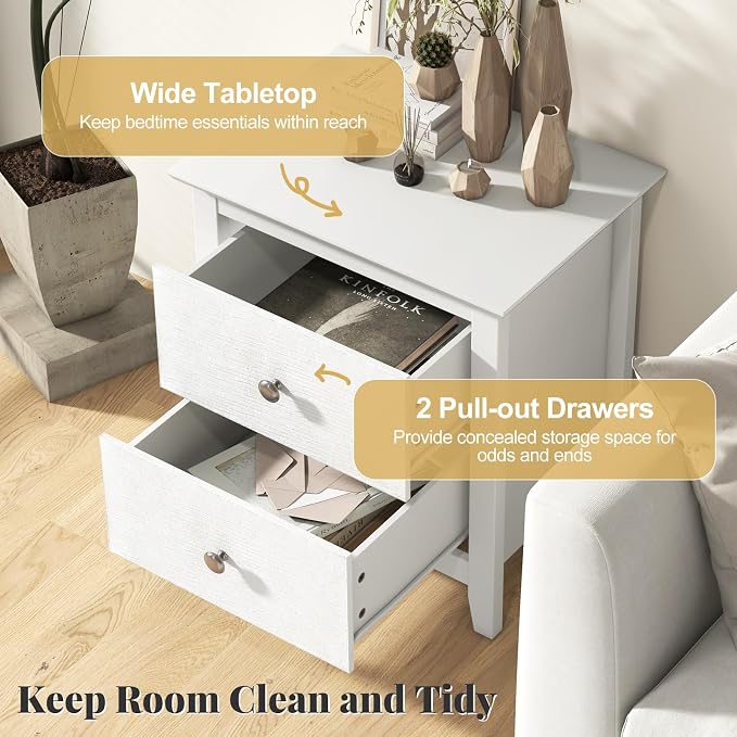 Giantex White Nightstand, Modern 2 Drawers Night Stand with Handles, Sofa Side Table with Sturdy Legs for Small Spaces, College Dorm, Kids’ Room, Wooden Bedside Table for Bedroom, White - Image 4