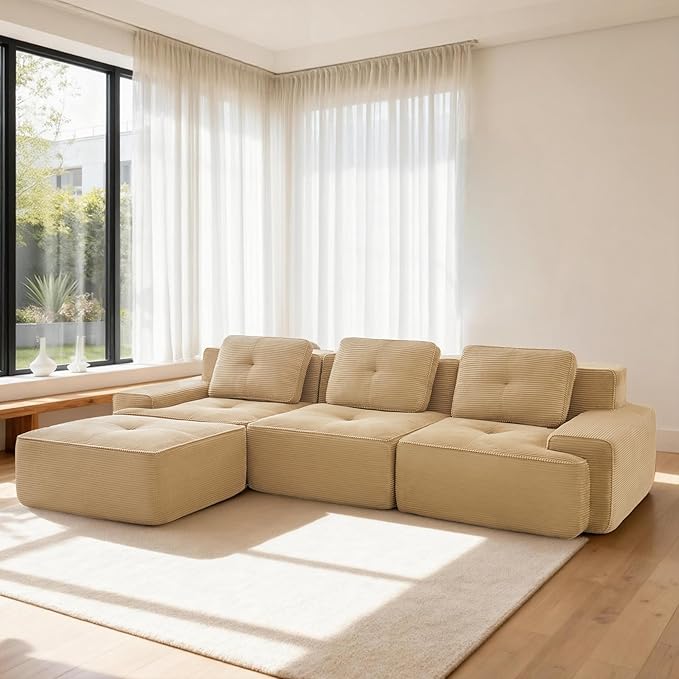 Casaphoria 115'' Boneless Sofa with Ottoman, 3-Seater Modular Couch with 3 Pillows for Living Room, L Shape Cloud Sectional Sofa, No Assembly, Camel