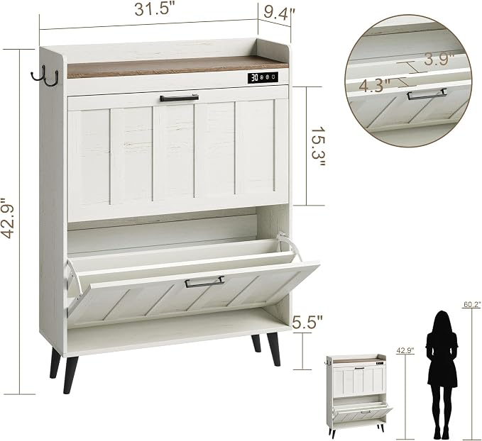 ChooChoo Shoe Storage Cabinet with 2 Flip Drawers, Deodorizing Shoe Organizer Storage for Entryway, Freestanding Hidden Slim Narrow Shoe Rack Cabinet, Antique White & Brown - Image 2