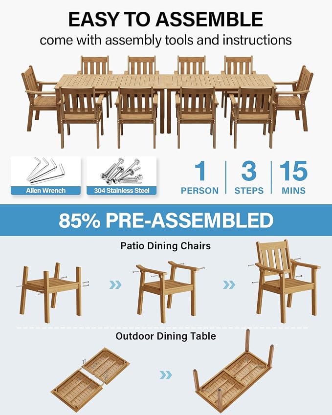 YEFU Outdoor Patio Dining Sets: All Weather 12 Piece Dining Table Set for 10 with Umbrella Hole & Aluminum Frame - Outdoor Furniture Patio 2 Table and 10 Chairs for Outside Backyard/Porch/Deck Teak - Image 2