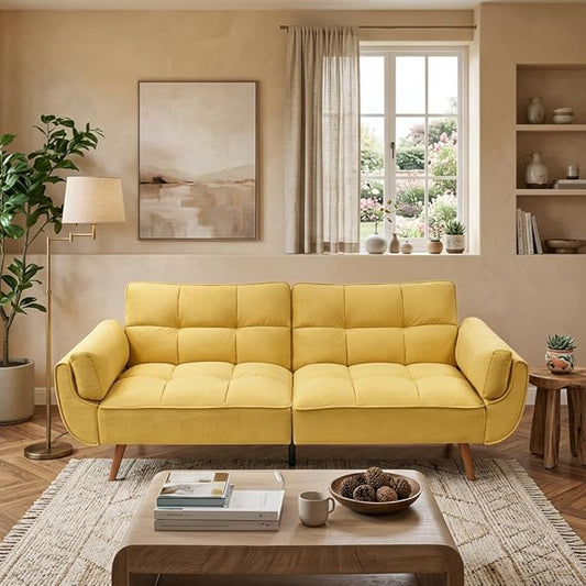 Convertible Futon Sofa Bed, Modern Futon Couch with 2 Pillows, Small Futons Couch with Adjustable Armrest & Backrest, Loveseat Sofa Bed for Living Room, Bedroom, Yellow