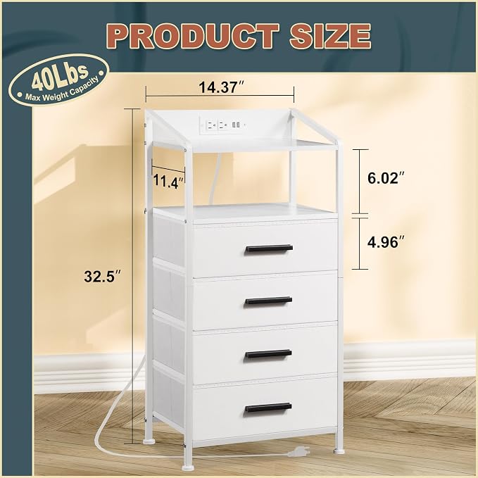 Nightstand 4 Drawer Dresser with LED Lights and Charging Station, Vertical Side Table with Fabric Drawers, End Table with Open Shelf, Tall Dresser for Bedroom, Hallway, Entryway, White - Image 3