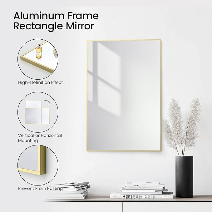 KIBI 24" x 36" Shatterproof Wall Mount Metal Frame Mirror – Horizontal or Vertical Hanging, Modern Rectangular Vanity Mirror for Bathroom, Entryway, or Living Room (Brushed Gold, FM1-2436BG) - Image 7