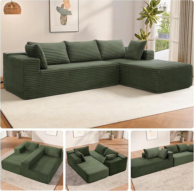 104" Modular Sectional Sofa for Living Room, Sectional Couches with Deep Seat, L-Shape Couch with Chaise, Boneless Couch for Living Room Bedroom, No Assembly Required (Right, Green)