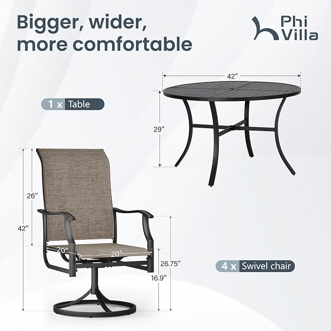 PHI VILLA 5 Piece Patio Dining Set, 4 Outdoor Swivel Dining Chairs and Large Round Dining Table(1.57’’ Umbrella Hole), All Weather Table and High Back Chairs for Outdoor Lawn Garden - Image 9