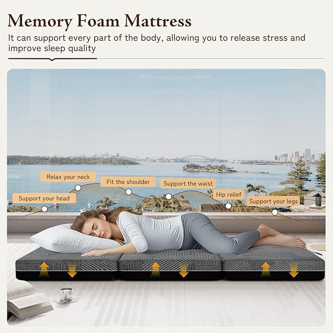 GEMBED Tri Folding Mattress Full Size - Memory Foam Tri-fold Mattress, Handle & Non-Slip Bottom, Portable Foldable Sofa Bed Floor Chair for Travel RV Camping Guest Yoga - 4 Inch, 73"x52"x4"