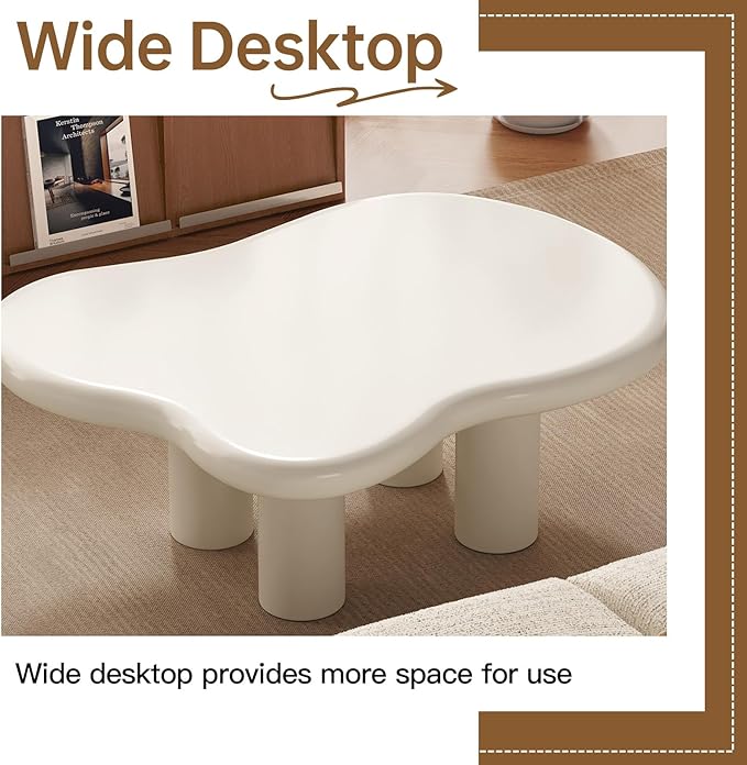Guyii 35.43" Cloud Coffee Table, Cream White Coffee Table for Living Room, Cartoon Irregular Indoor Tea Table, Modern End Table with 4 Legs