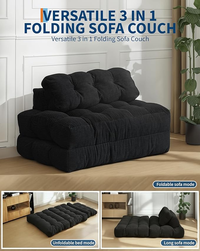 Folding Sofa Bed with Back Support, Convertible Sleeper Chair with Pilow Foldable Matress, Portable Fold Out Chair Bed Comfy Floor Sofa Lounge for Living Room Bedroom, Black, Double