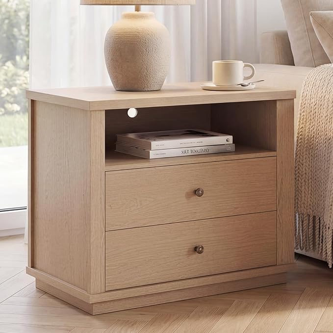 Night Stand Set of 2, Oversized Extra Large Nightstand with Charging Station, Tall Bedside Side Table with 2 Drawers Storage, Modern End Tables Wide Night Stands for Bedroom, White Oak - Image 7