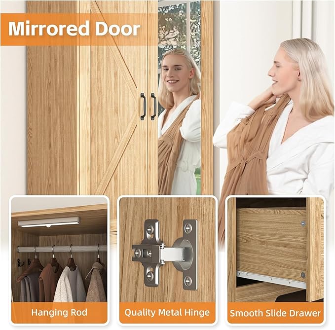 Natural Armoire Wardrobe Closet with Mirror Door and LED Lights,72" Tall Farmhouse Bedroom Armoire with Drawers and Adjustable Shelves,Wooden Armoire Wardrobe Closet for Bedroom