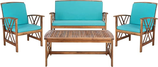 SAFAVIEH Outdoor Collection Fontana Natural/Aqua Cushion 4-Piece Conversation Patio Set