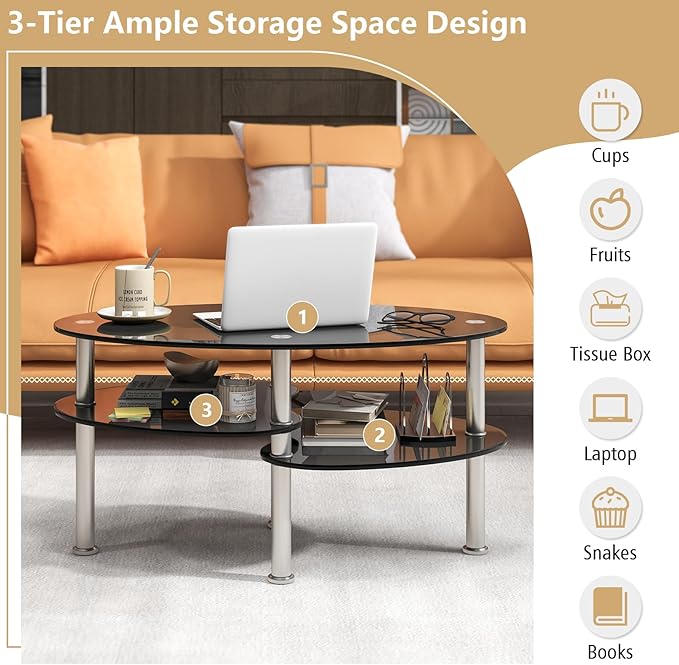 Giantex Oval Glass Coffee Table - 3-Tier Transparent Tempered Glass Table W/Sturdy Chrome Plated Legs, Small Sofa Side Table, End Table for Living Room, Bedroom, Office, 35"× 20" ×18" (Black)