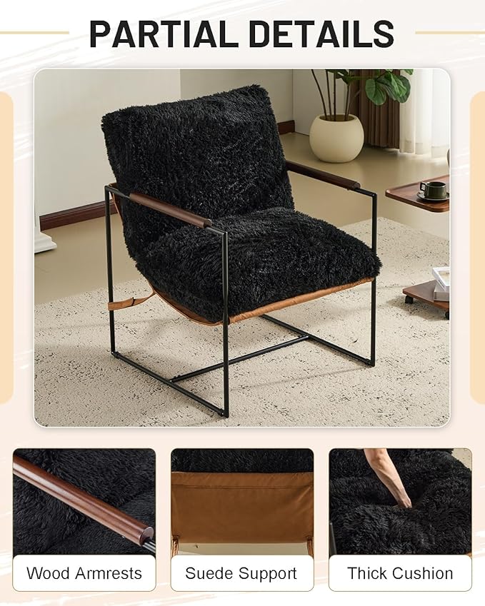 Karl home Modern Accent Chair Plush Fleece Upholstered Living Room Chair with Metal Frame Wooden Armrest Comfy Lounge Armchair for Living Room, Bedroom, Balcony, Reading Room, Black