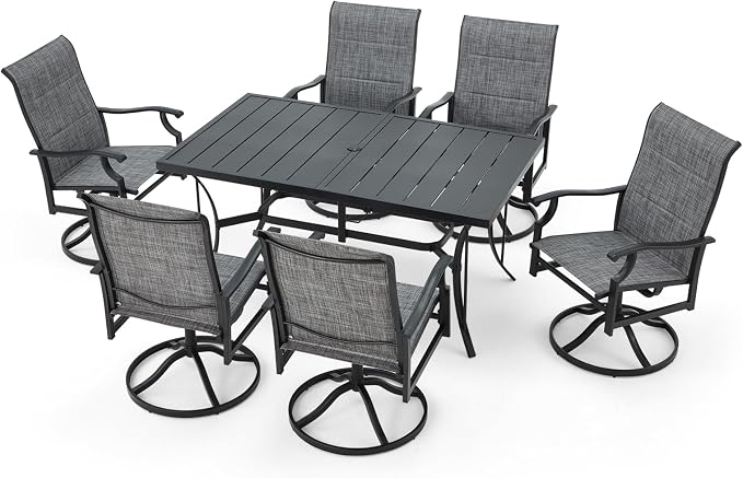 BUPPLEE Patio Dining Set for 6, 6 Piece Patio Swivel Chairs with 1 Piece Large Mental Rectangular Dining Table for Backyard Front Porch Pool Deck,Gray by BUPPLEE