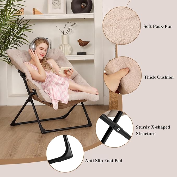 Comfy Saucer Chair for Adults, Soft Faux Fur Bedroom Chair with Ottoman, Accent Dorm Chairs, Living Room Reading Chairs and Footstool, Folding Seat for Teens, X-Large, Light Khaki