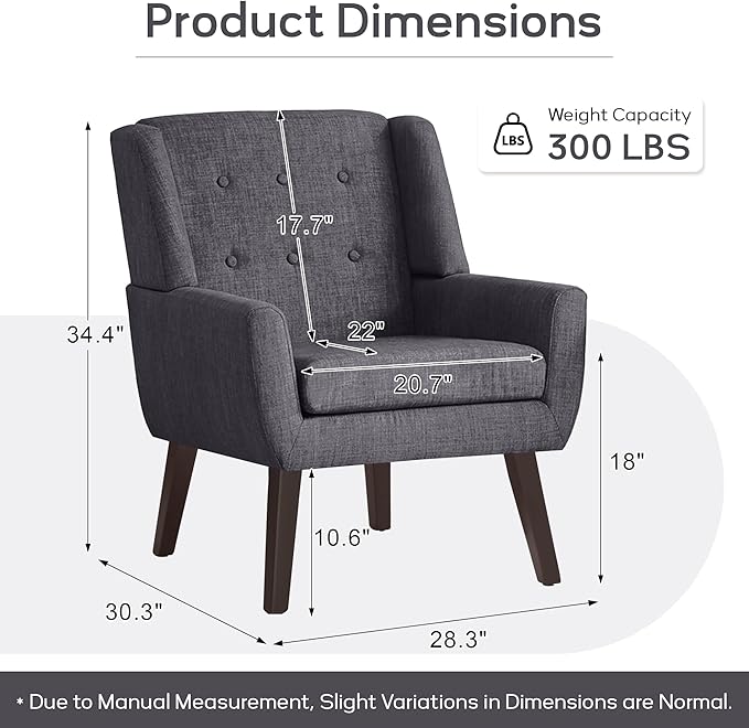 HUIMO Accent Chair Living Room Chair, Upholstered Button Tufted Armchair, Linen Fabric Sofa Chairs for Bedroom, Living Room, Mid Century Modern Comfy Reading Chair (Grey)