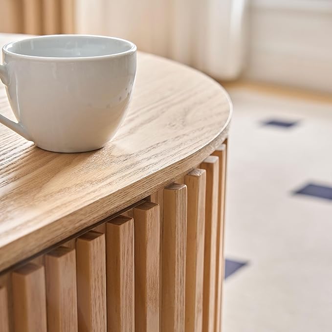 Oak Oval Coffee Table with Storage for Living Room 51.18" Wooden Fluted Coffee Table with Drawer Modern Handcrafted Centre Table Easy Assembly