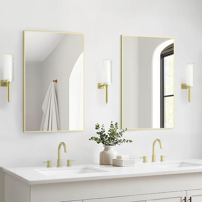 KIBI 24" x 36" Shatterproof Wall Mount Metal Frame Mirror – Horizontal or Vertical Hanging, Modern Rectangular Vanity Mirror for Bathroom, Entryway, or Living Room (Brushed Gold, FM1-2436BG) - Image 4