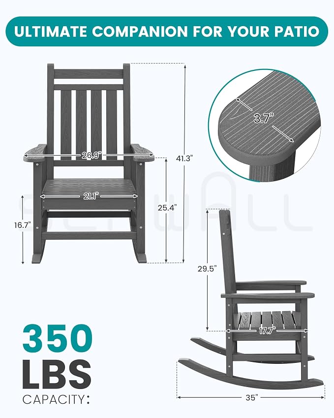 SERWALL HDPE Outdoor Rocking Chair Set of 6, Patio Rocking Chairs for Adults, All Weather Outdoor Rockers for Lawn, Grey - Image 3