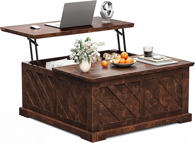 Amada Lift Top Coffee Table with Storage, Smooth Lifting Center Table with Hidden Compartment, Diagonal Pattern Wood Coffee Table for Living Room and Home Office, Rustic Brown
