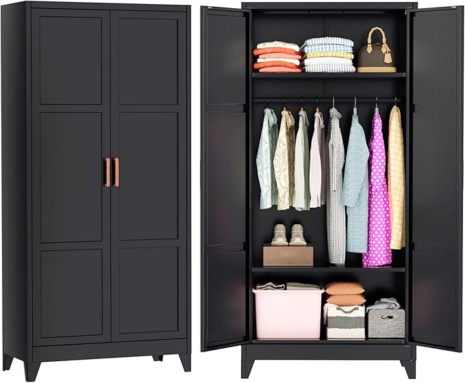 Greenvelly Metal Wardrobe Cabinet, 19" D x 34" W x 71" H Metal Wardrobe Closet with Hanging Rods and Adjustable Shelves,Clothing Storage Closet Cabinet for Bedroom, Cloak Room, Laundry Room (Black)