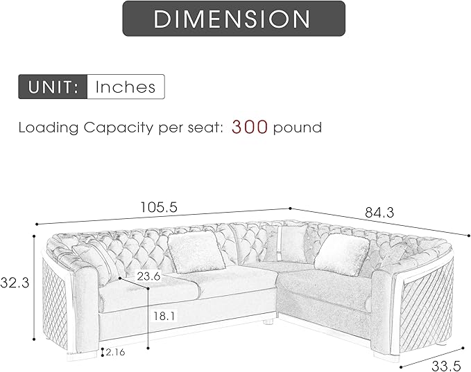 KEIKI 106" L-Shaped Luxury Velvet Chesterfield Sectional Sofa with Gold Stainless Steel Accents and 5 Pillows, Mid-Century Oversized 5-Seater Button Tufted Couch, Easy Assembly, for Living Room, Black