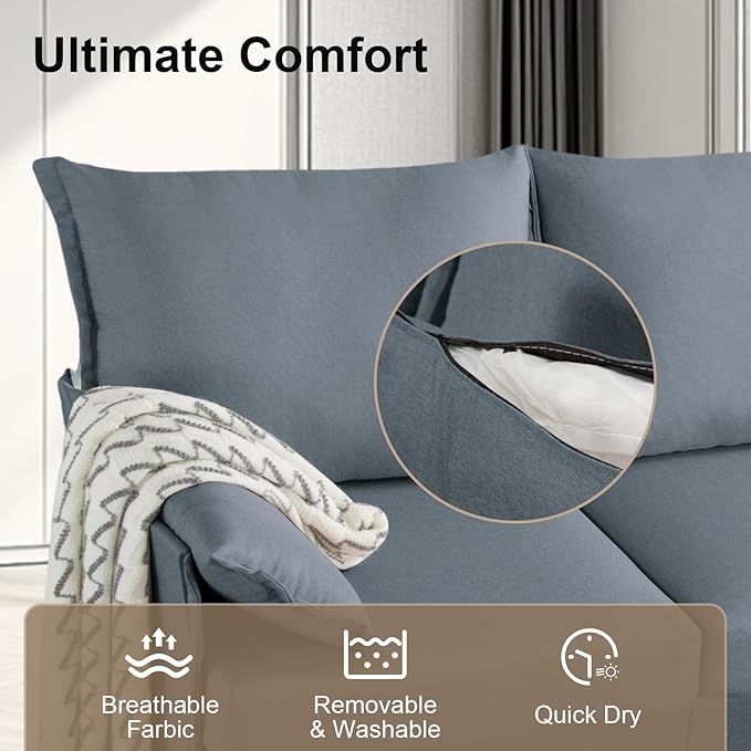 93.7” Sectional Sofa with Movable Ottoman, 3 Seaters L Shaped Couch Modular Sofa Bed with 2 Armrest Pillows, Small Sectional Couch for Living Room Bedroom Small Space Furniture, Gray