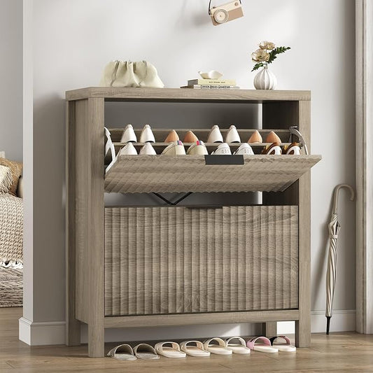 YOMILUVE Shoe Cabinet Storage for Entryway, Fluted Shoe Cabinet with 2 Flip Drawers, Hidden Shoe Rack Tall Freestanding Shoe Organizer with Legs for Hallway, Gray by YomiluveDesign
