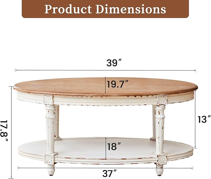 BERRYMERRY 39" French Country Two Tone Oval Coffee Table,Chipped White Vintage 2 Tier Center Table with Storage for Living Room Office,Tool-Free Assembly (White)