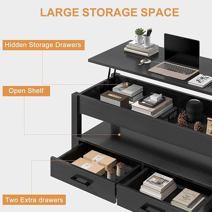 FABATO 41.7'' Lift Top Coffee Table with 2 Storage Drawer Hidden Compartment Open Storage Shelf for Living Room Folding Wood End Table, Black